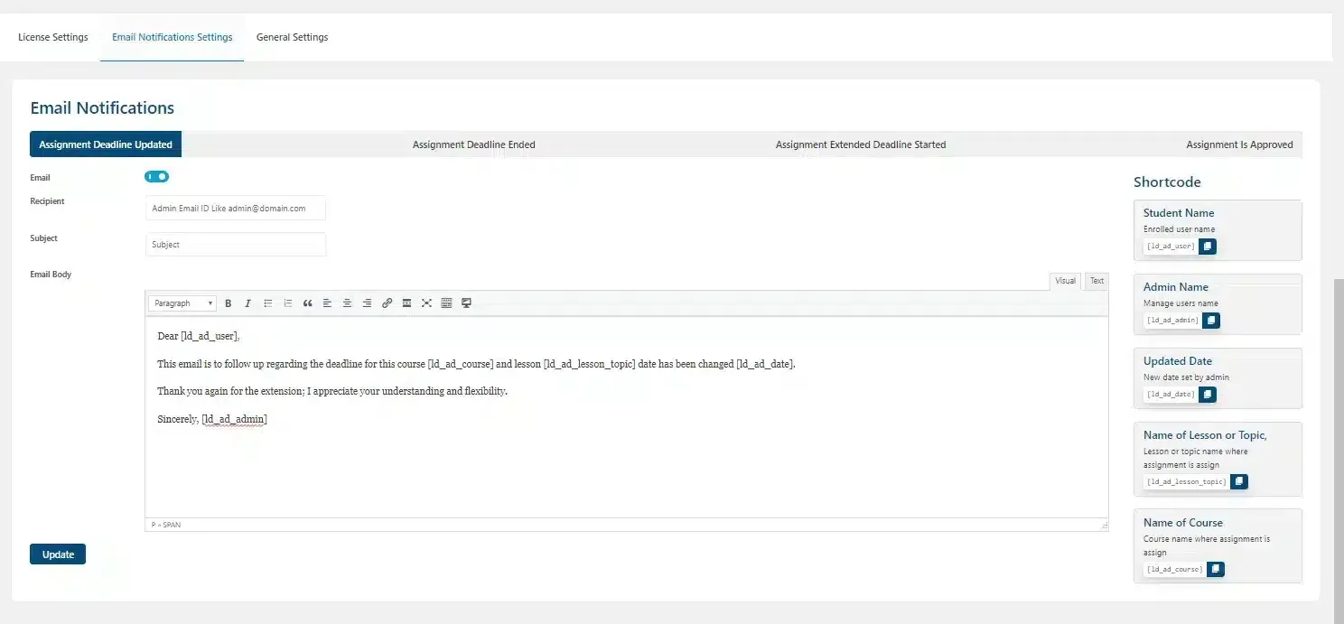 wpinnovators product assignment deadline for learndash assignment deadline updated email notification settings image