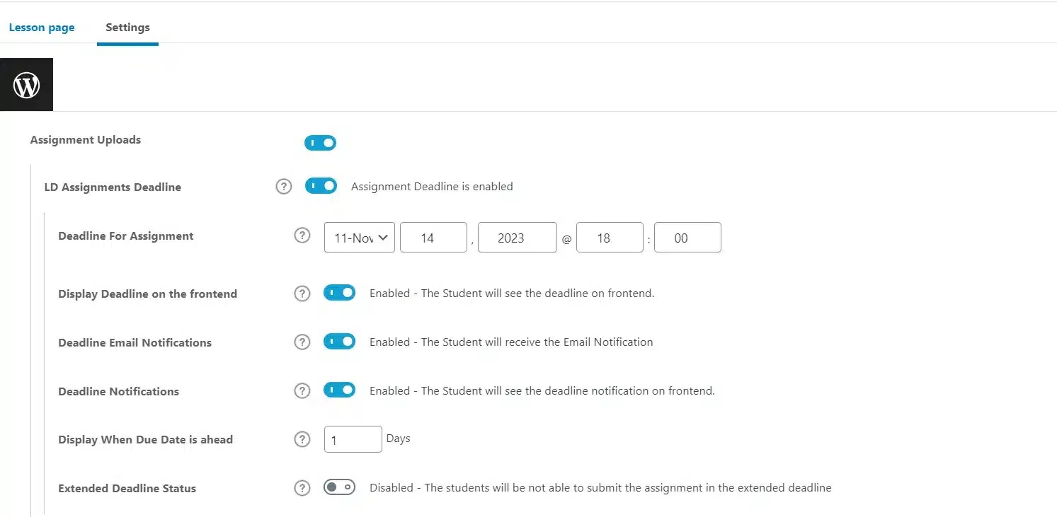 wpinnovators product assignment deadline for learndash settings image