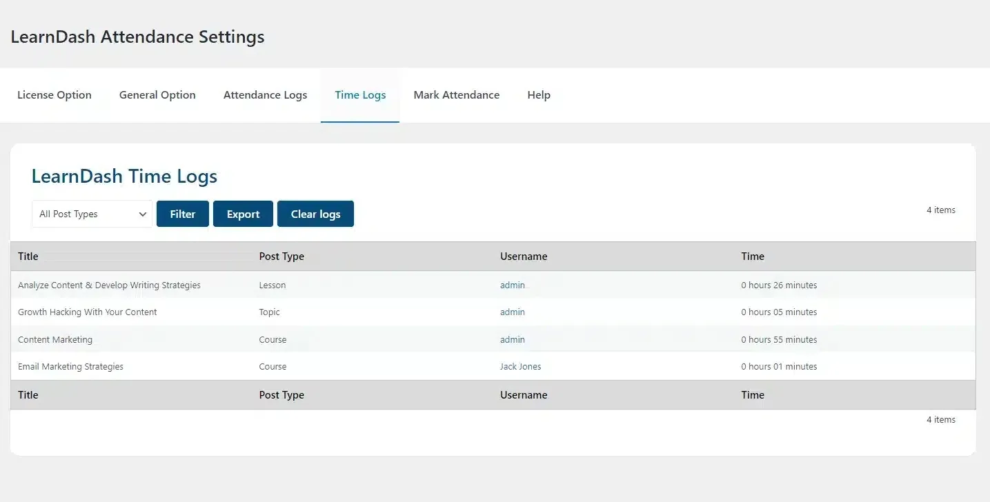 wpinnovators product attendance management for learndash time logs image