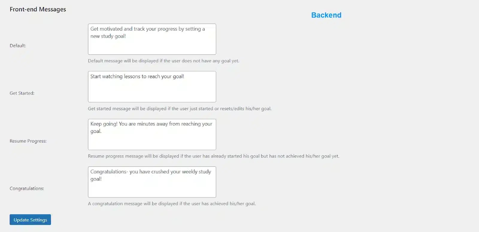 wpinnovators product learning goals for learndash frontend messages image