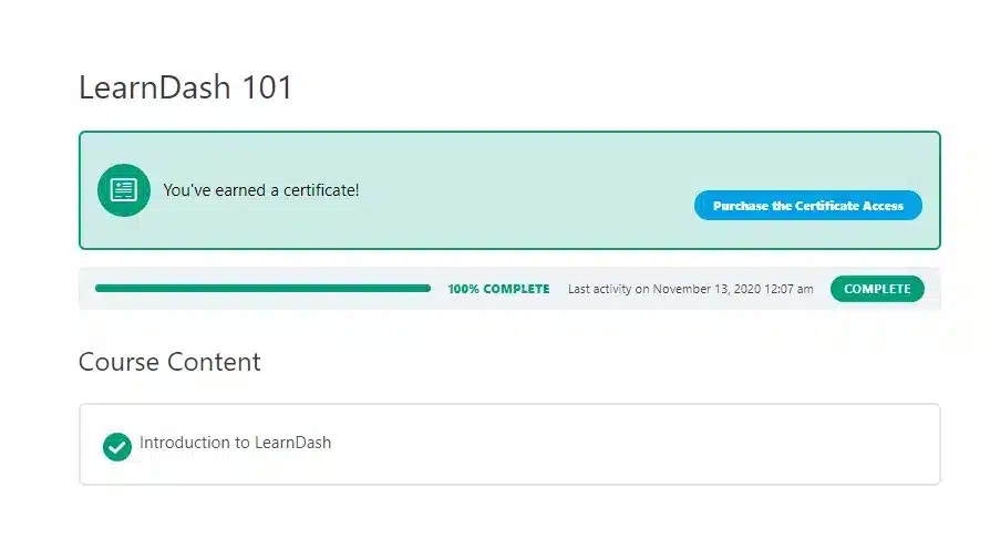 wpinnovators product paid access to quiz and certificate for learndash purchase the certificate access button on the frontend image