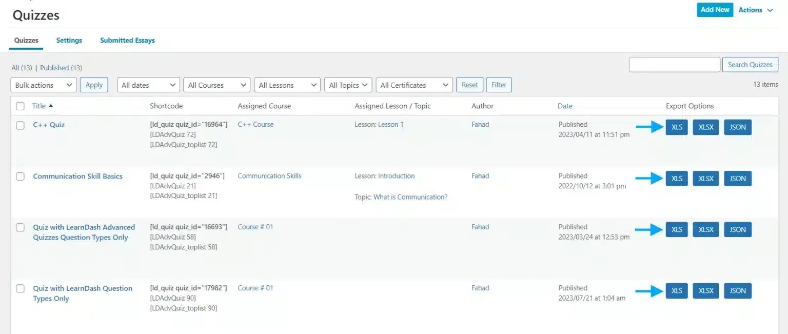 wpinnovators product quiz import export for learndash single quiz export image
