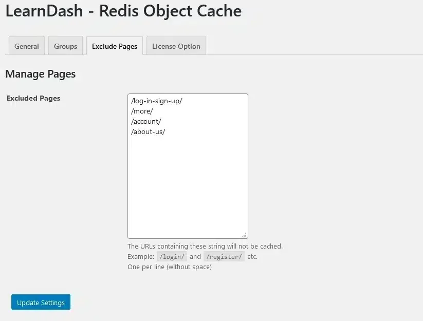 wpinnovators product redis object cache for learndash exclude pages settings image