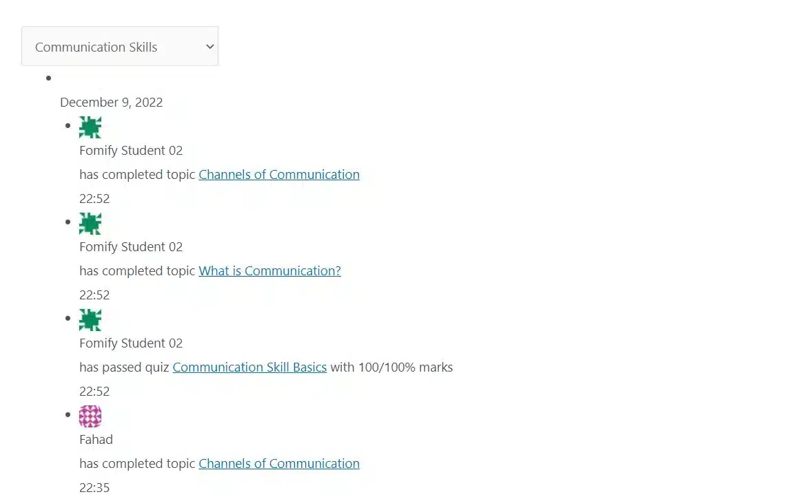 wpinnovators product activity timeline for learndash activity shortcode on the frontend image