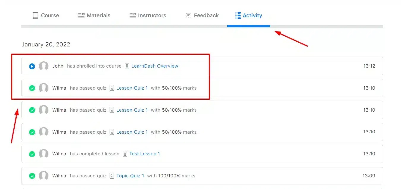 wpinnovators product activity timeline for learndash performing in comparison to others image