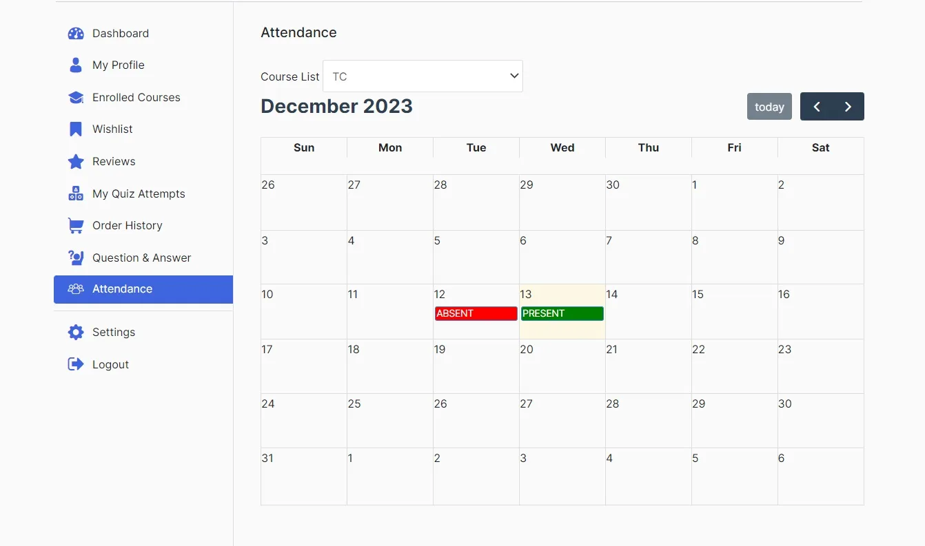 wpinnovators product attendance management for tutorlms attendance calendar on the frontend image