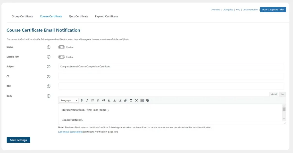 wpinnovators product certificate verify and share for learndash course certificate email notification image