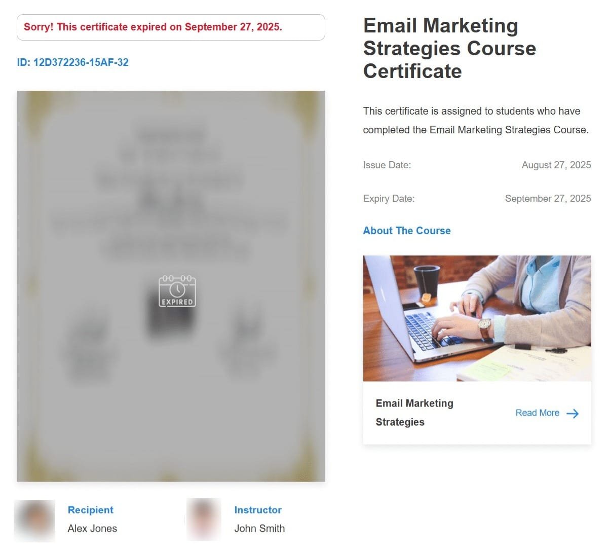 wpinnovators product certificate verify and share for learndash expiry frontend image