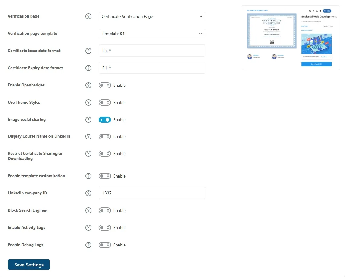 wpinnovators product certificate verify and share for learndash general settings image