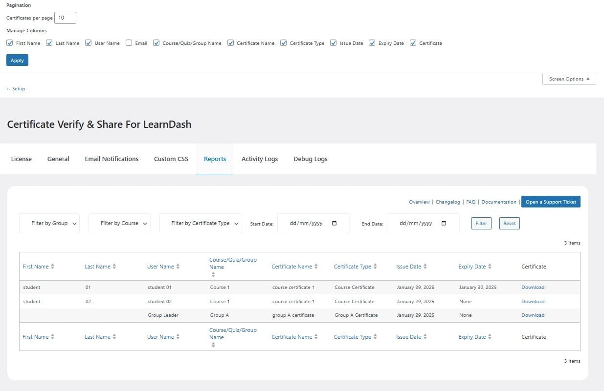 wpinnovators product certificate verify and share for learndash reports screen options image wpinnovators product certificate verify and share for learndash reports screen options image