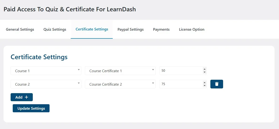 wpinnovators product paid access to quiz and certificate for learndash certificate settings image