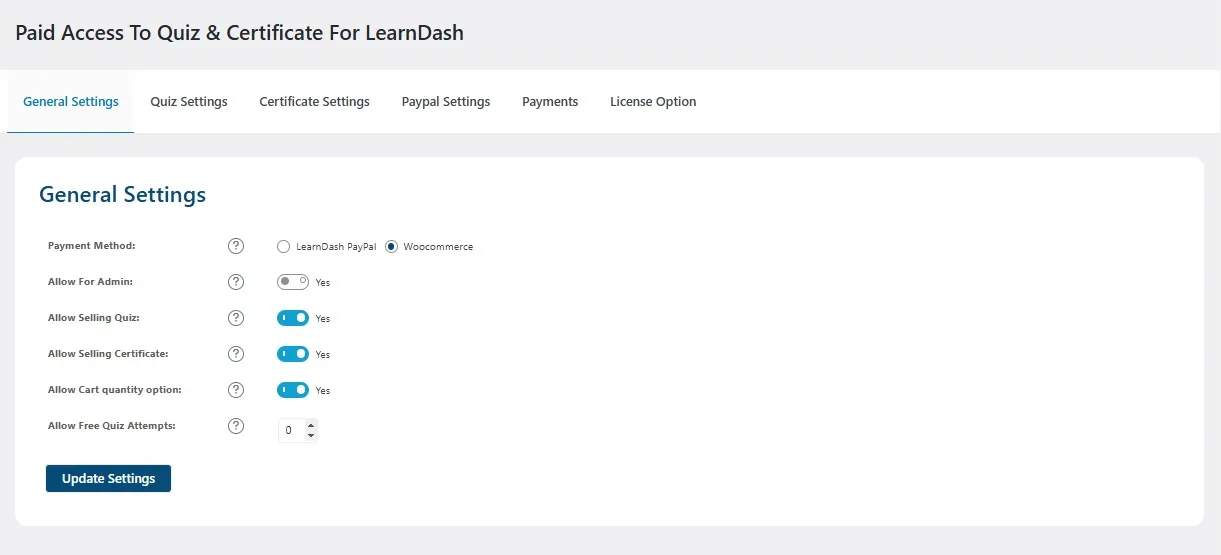 wpinnovators product paid access to quiz and certificate for learndash general settings image