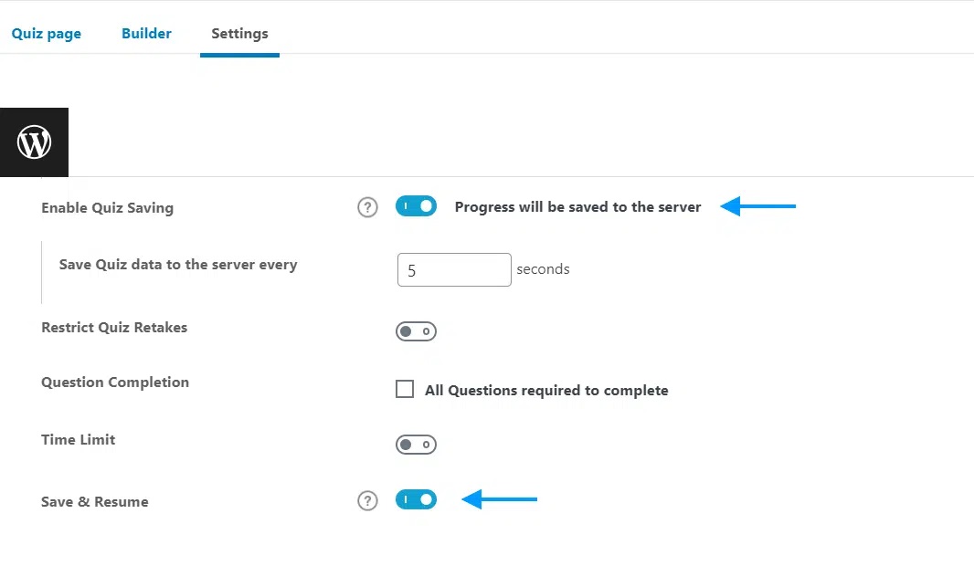 wpinnovators product quiz save and resume for learndash enable save and resume settings image