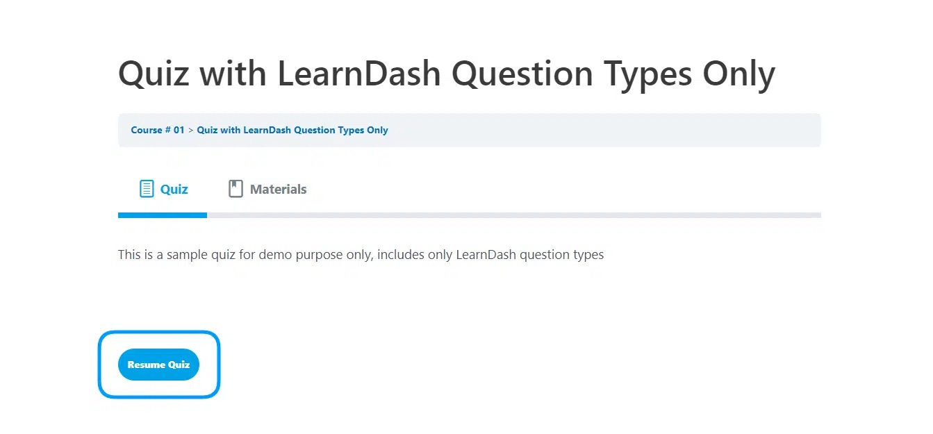 wpinnovators product quiz save and resume for learndash resume quiz button on the frontend image