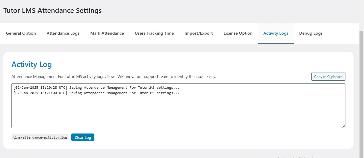 wpinnovators product attendance management for tutorlms activity logs image