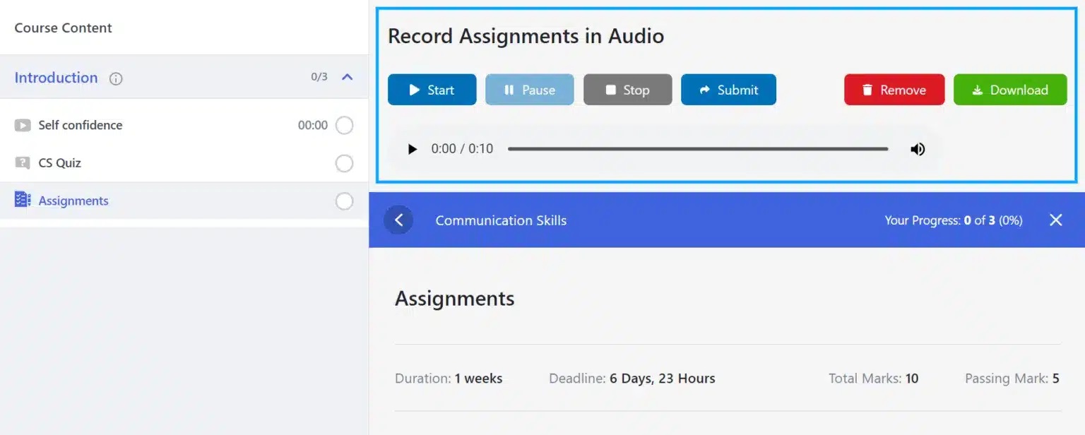 wpinnovators product audio assignment for tutorlms audio assignment frontend image