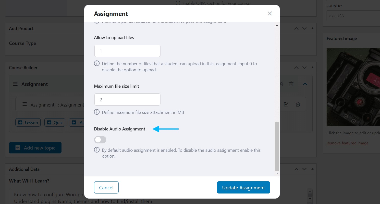 wpinnovators product audio assignment for tutorlms disabling audio assignment image