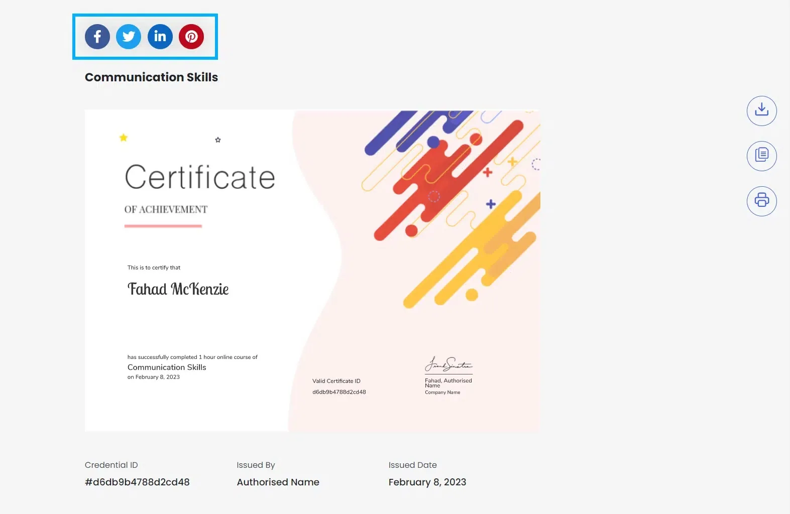 wpinnovators product certificate verify and share for tutorlms certificate social sharing image