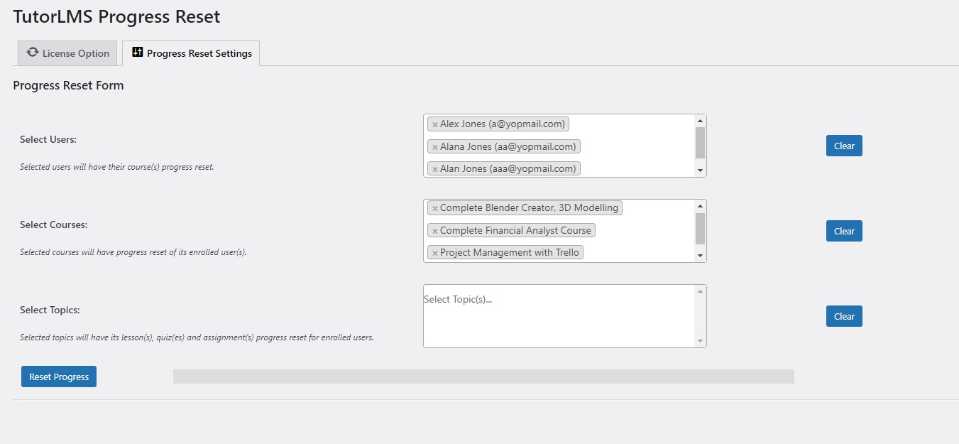 wpinnovators product progress reset for tutorlms progress reset settings select users select courses image