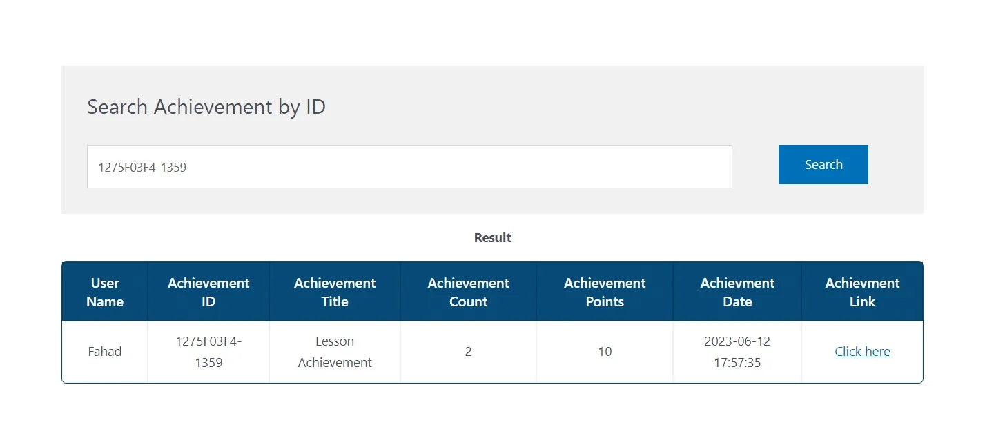 wpinnovators product achievements verify and share for learndash search achievement by id image