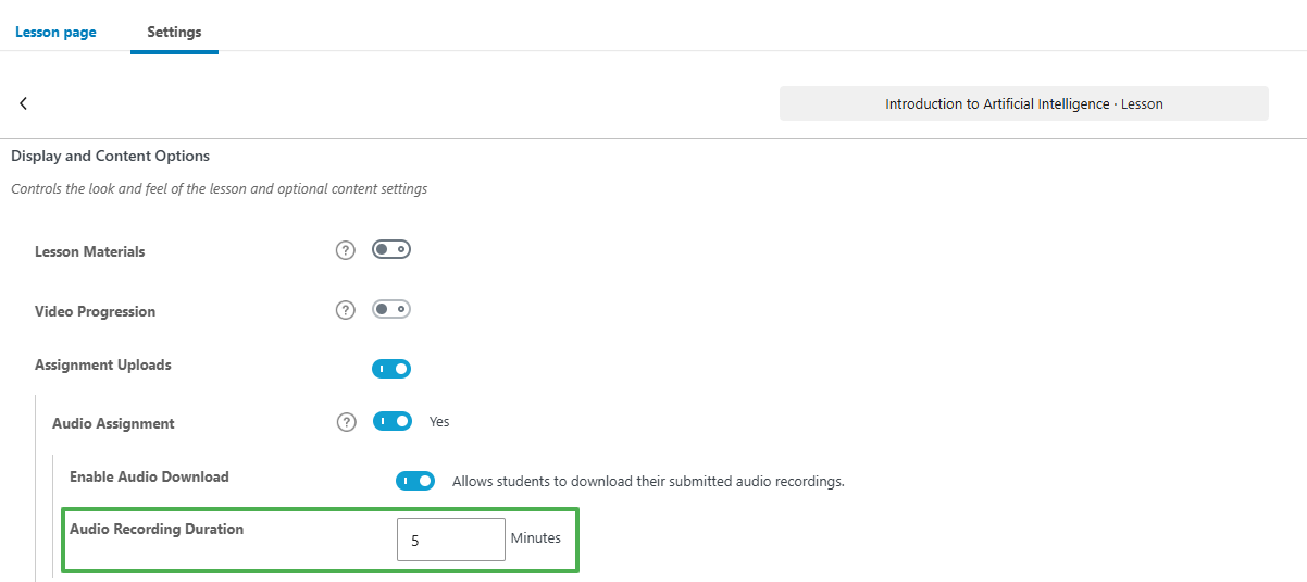 wpinnovators product audio assignment for learndash lesson settings assignment uploads audio assignment audio recording duration image wpinnovators product audio assignment for learndash lesson settings assignment uploads audio assignment audio recording duration image