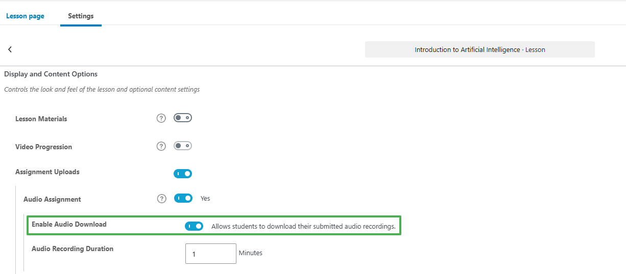 wpinnovators product audio assignment for learndash lesson settings assignment uploads audio assignment enable audio download image wpinnovators product audio assignment for learndash lesson settings assignment uploads audio assignment enable audio download image