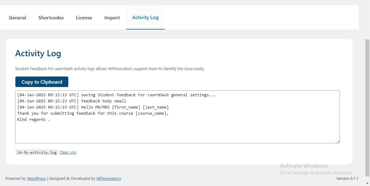 wpinnovators product student feedback for learndash activity log image wpinnovators product student feedback for learndash activity log image