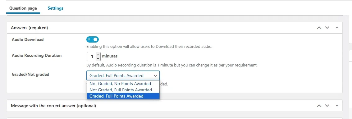 wpinnovators product advanced quizzes for learndash audio questions settings image