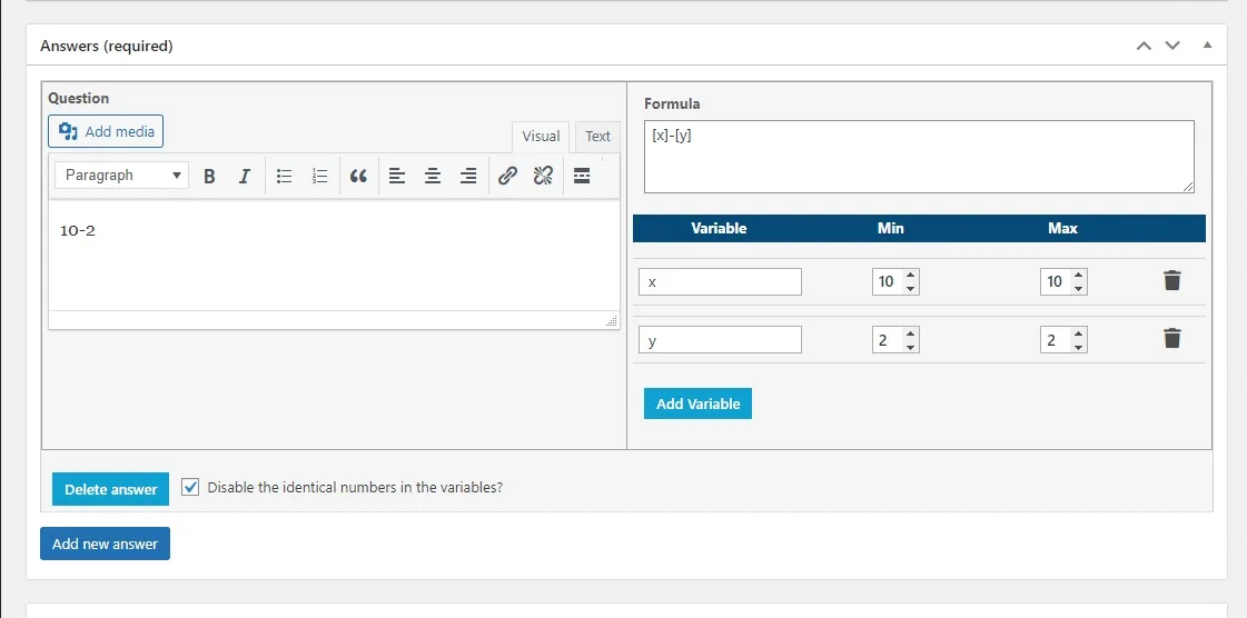 wpinnovators product advanced quizzes for learndash calculation formula subtraction settings image