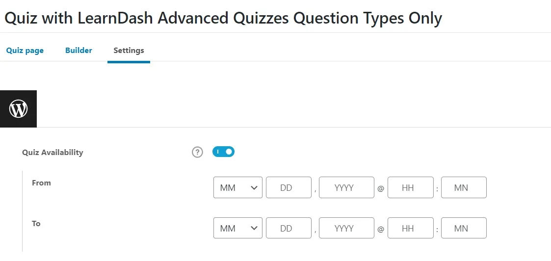 wpinnovators product advanced quizzes for learndash quiz availability settings image