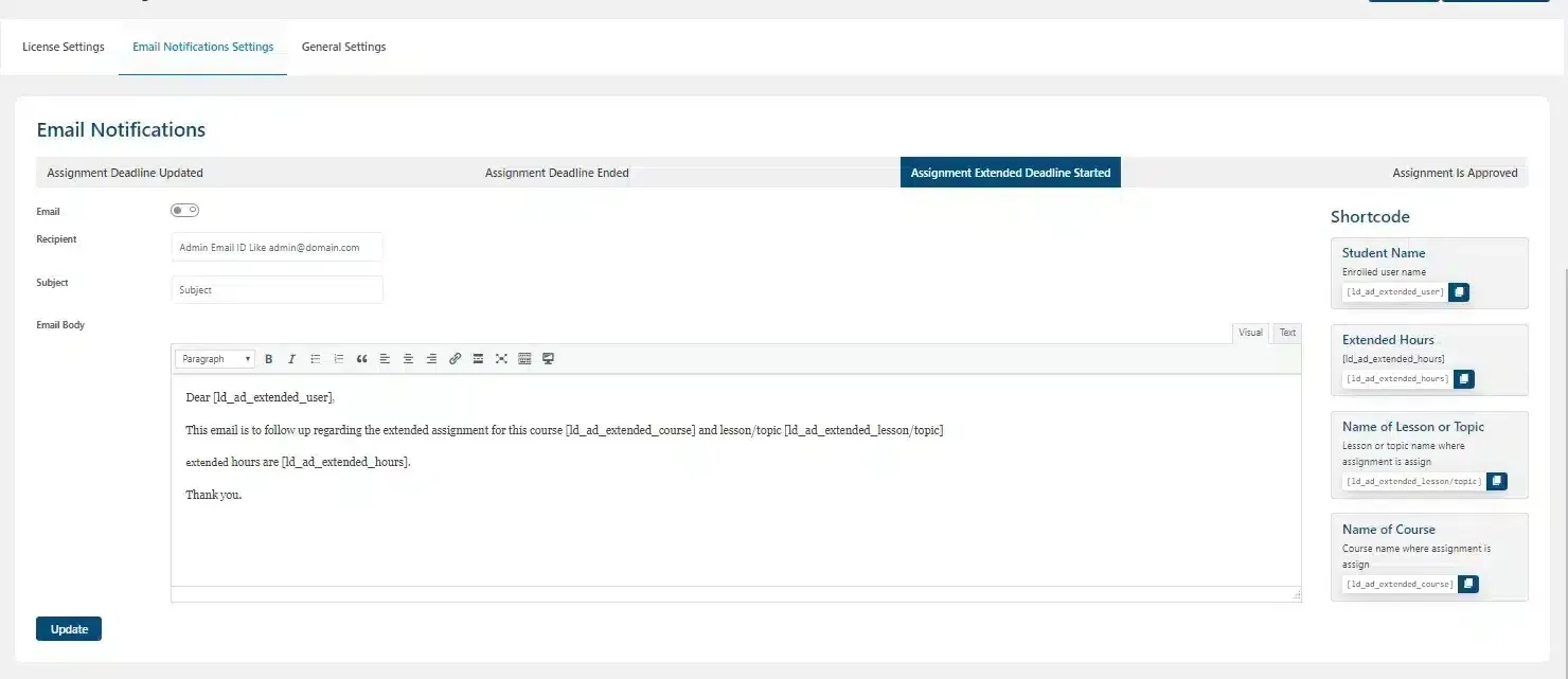 wpinnovators product assignment deadline for learndash assignment extended deadline started email notification settings image