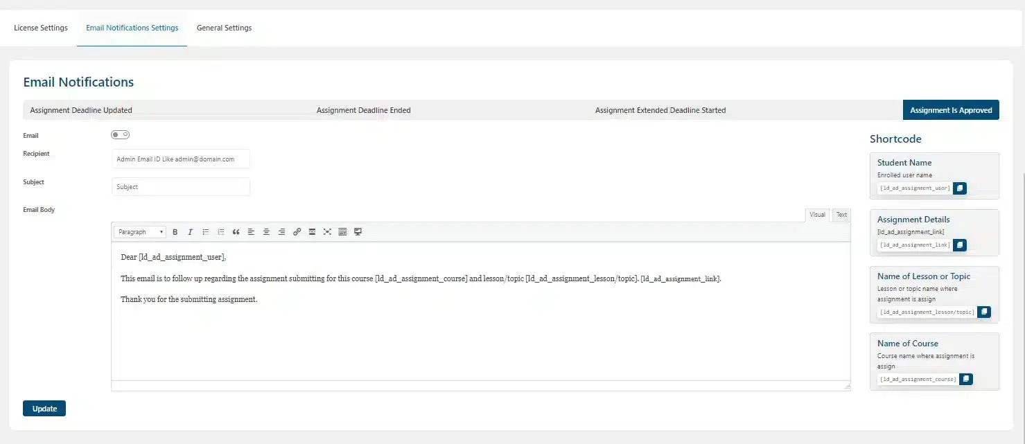 wpinnovators product assignment deadline for learndash assignment is approved email notification settings image