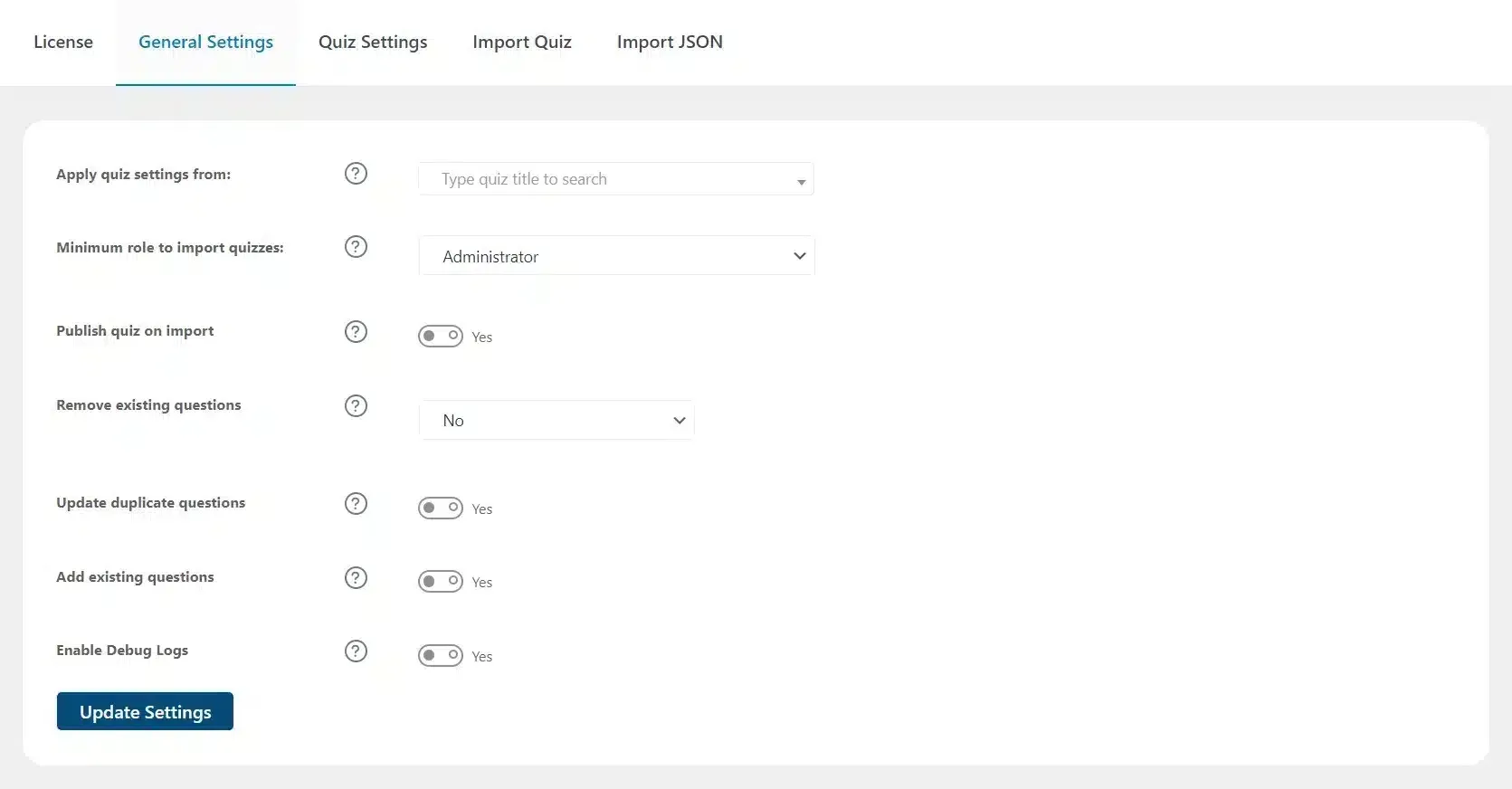 wpinnovators product quiz import export for learndash general settings image