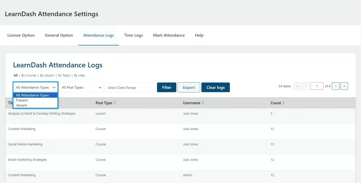 wpinnovators product attendance management for learndash attendance logs filter 01 image