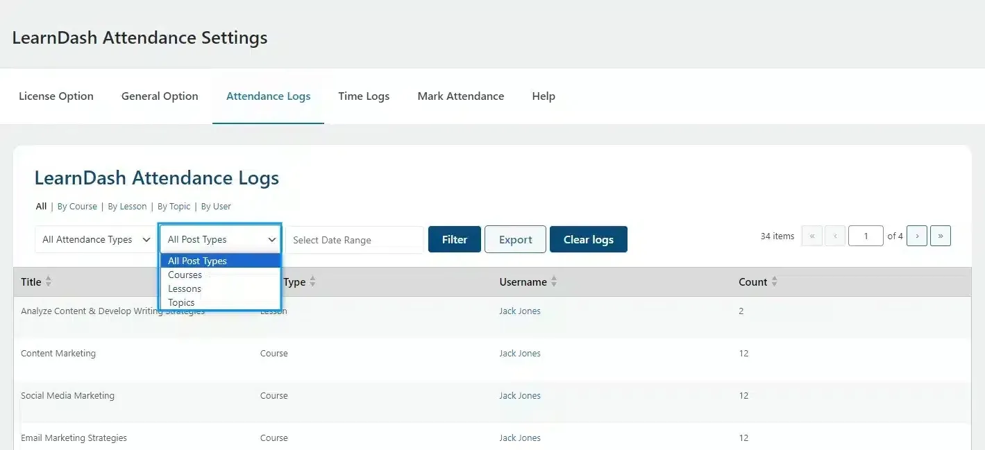 wpinnovators product attendance management for learndash attendance logs filter 02 image