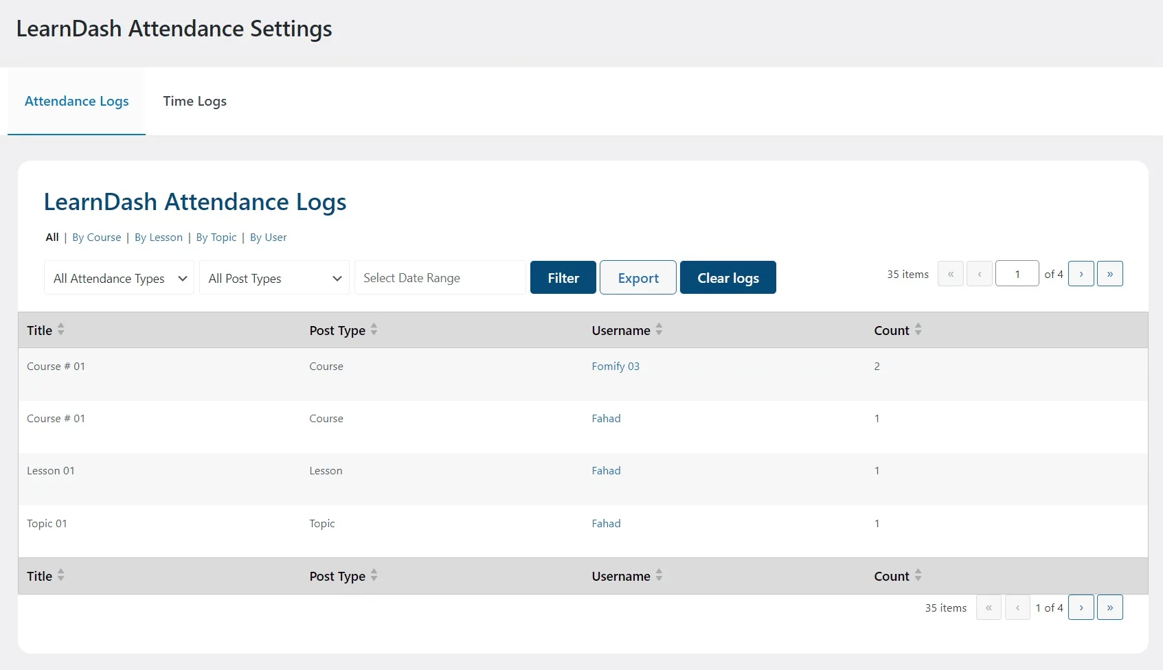 wpinnovators product attendance management for learndash attendance logs group leader dashboard image