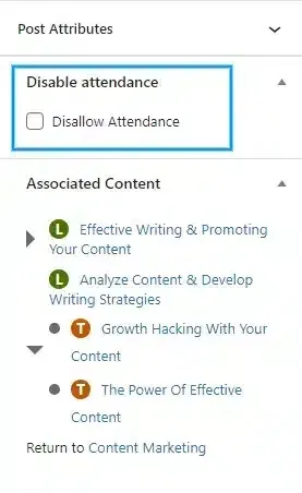 wpinnovators product attendance management for learndash disallow attendance for a lesson image