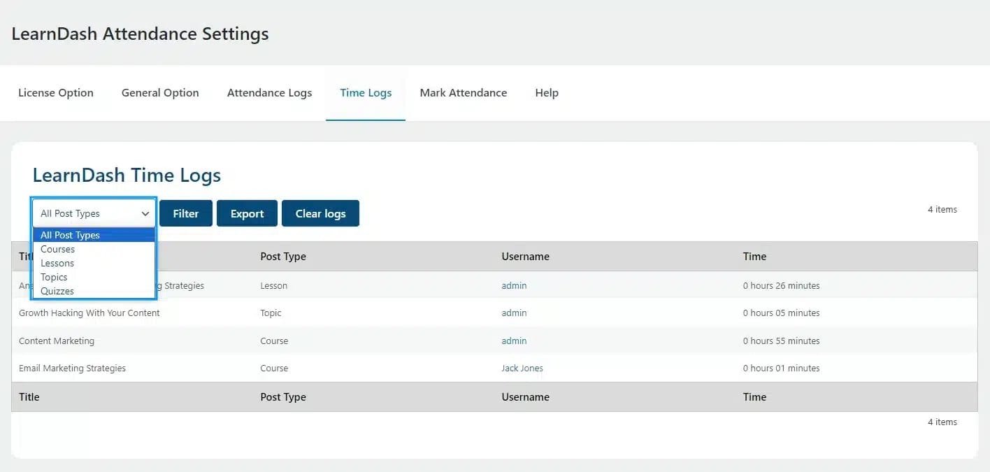 wpinnovators product attendance management for learndash time logs filter image wpinnovators product attendance management for learndash time logs filter image