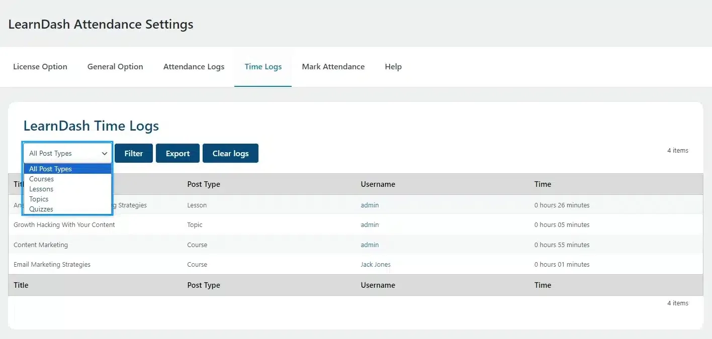 wpinnovators product attendance management for learndash time logs filter image