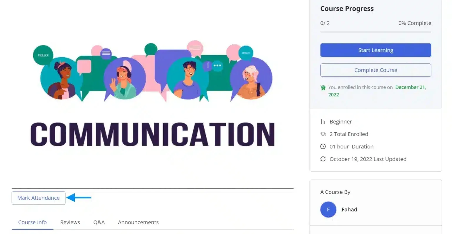 wpinnovators product attendance management for tutorlms mark attendance on course page image