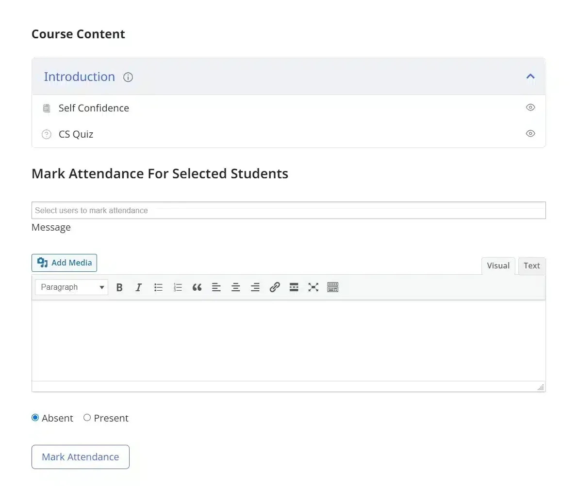 wpinnovators product attendance management for tutorlms mark attendance on frontend image