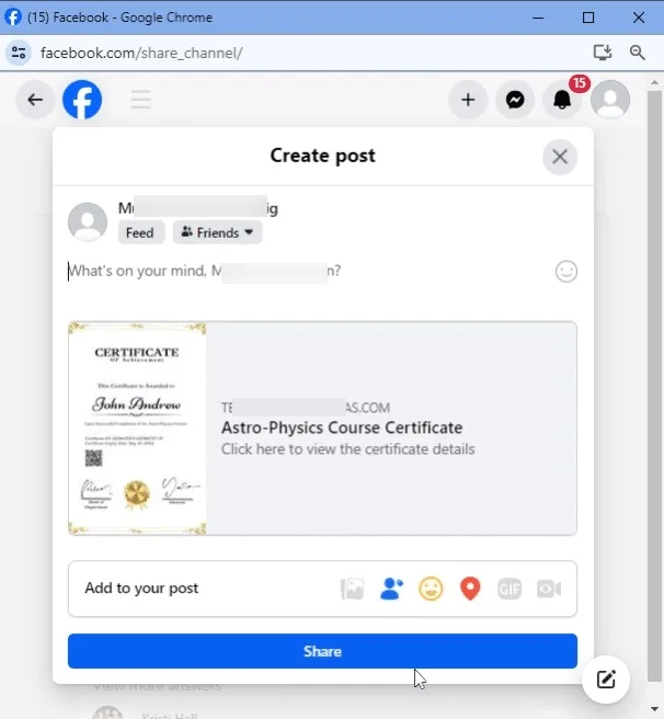 wpinnovators product certificate verify and share for learndash facebook sharing image