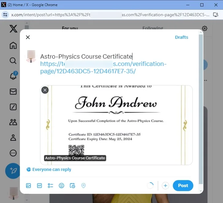 wpinnovators product certificate verify and share for learndash twitter x sharing image