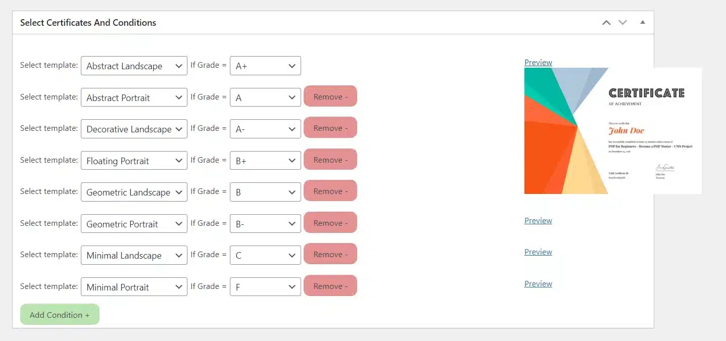 wpinnovators product multi certificates for tutorlms select certificates and conditions preview full image