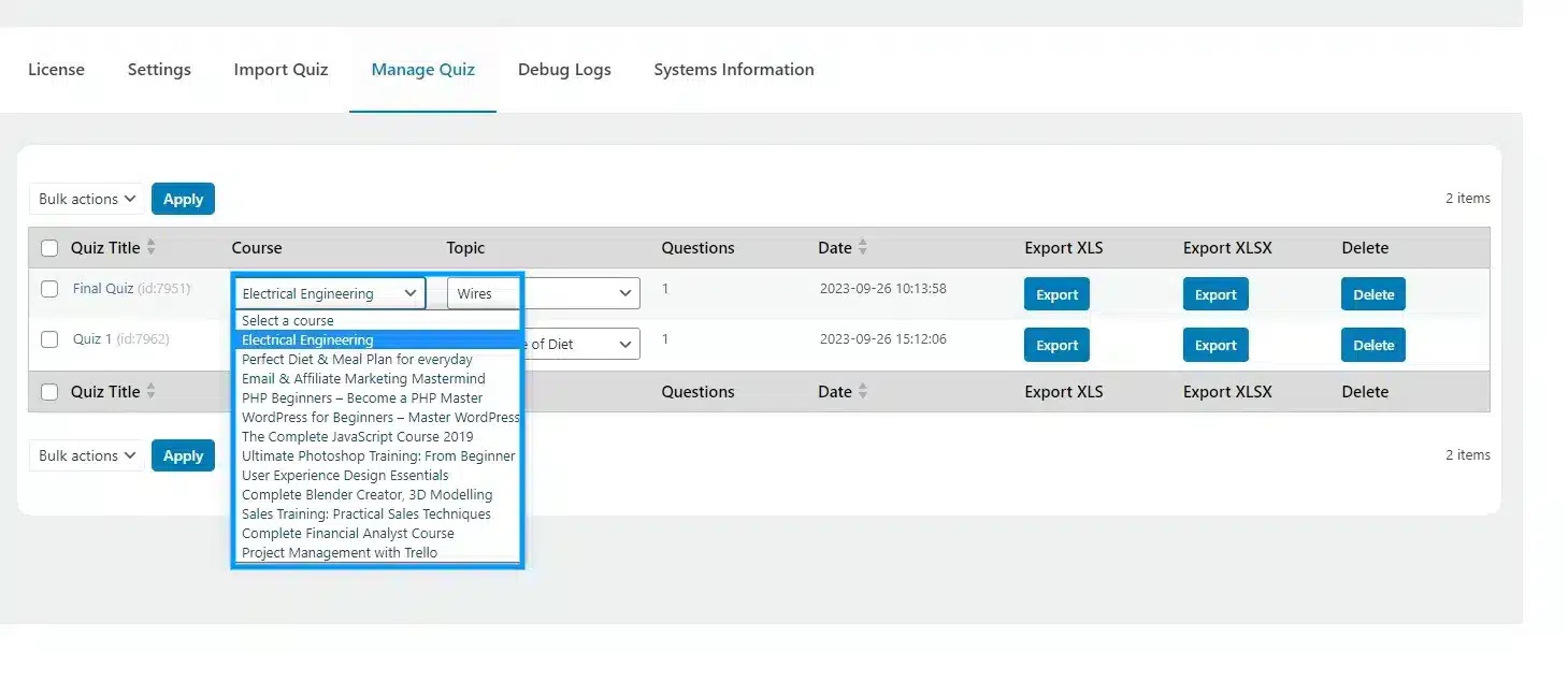 wpinnovators product quiz import export for tutorlms associate quizzes to courses image