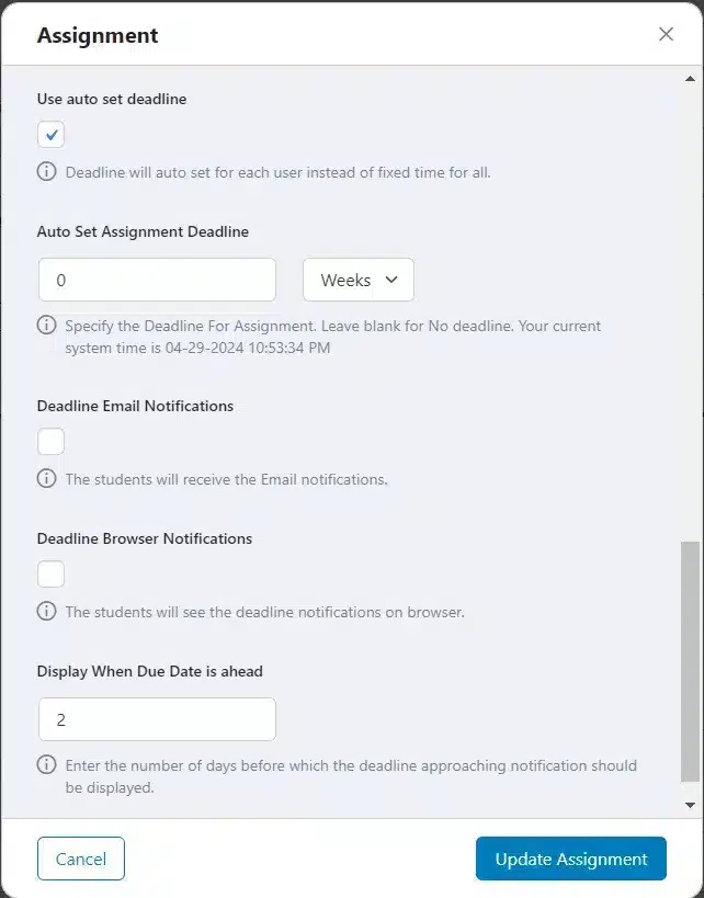 wpinnovators product assignment deadline for tutorlms deadline settings image