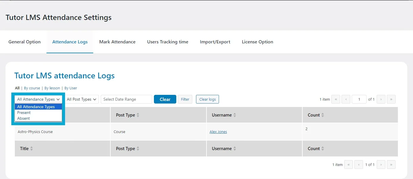 wpinnovators product attendance management for tutorlms attendance logs filter 01 image