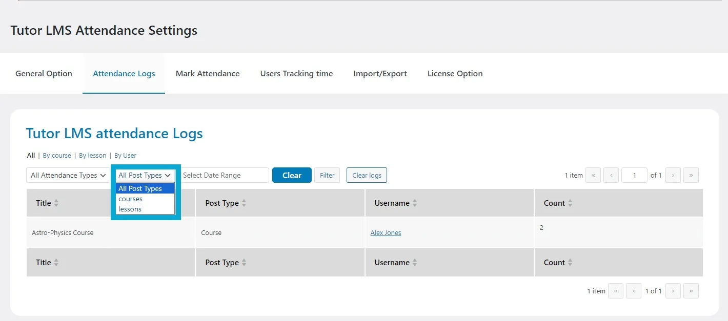 wpinnovators product attendance management for tutorlms attendance logs filter 02 image
