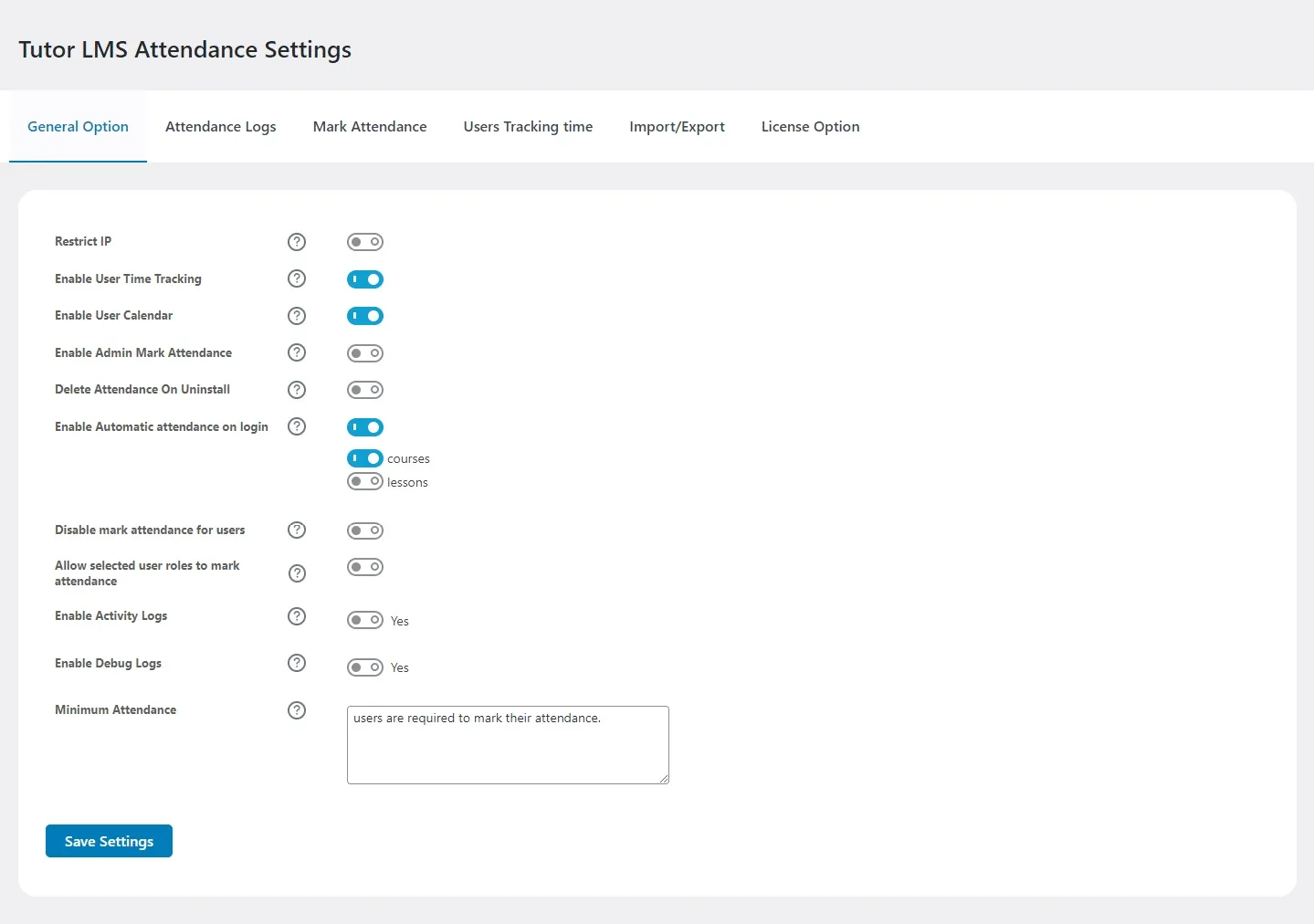 wpinnovators product attendance management for tutorlms general option image