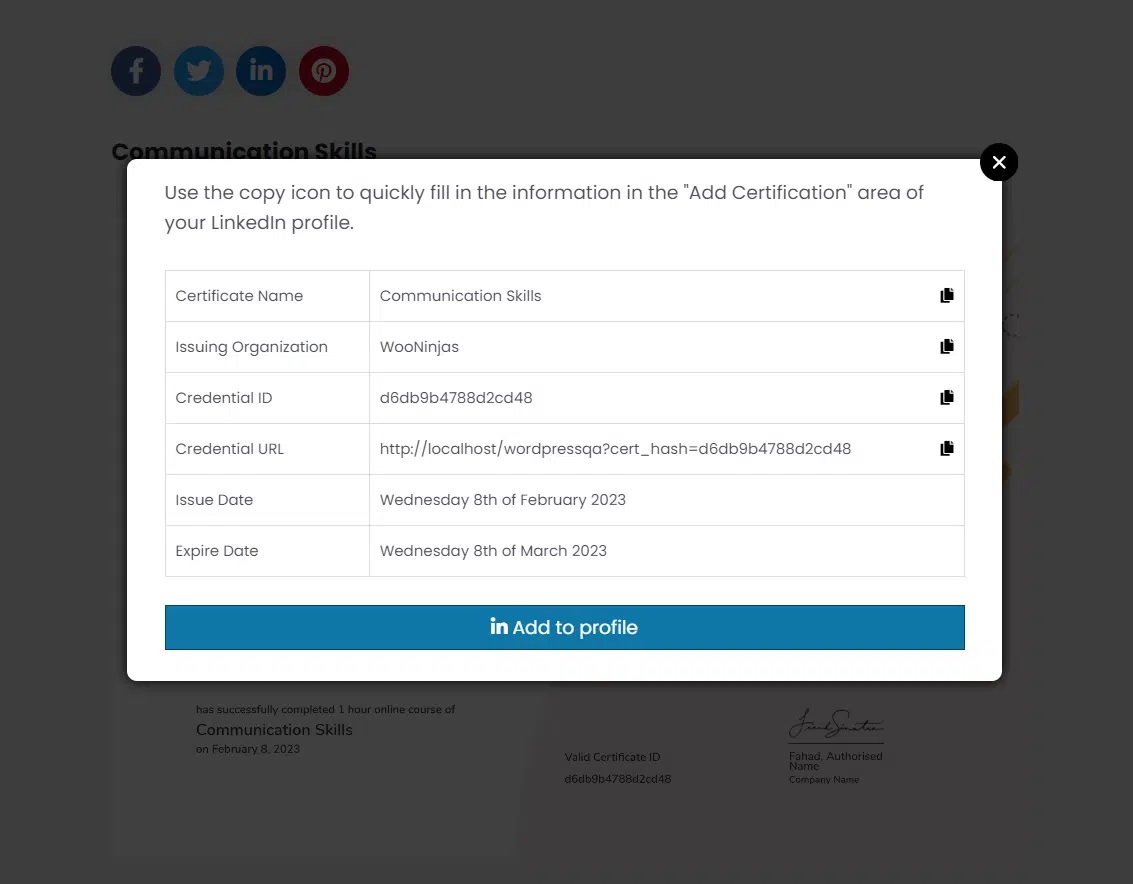 wpinnovators product certificate verify and share for tutorlms add certificate on linkedin profile image